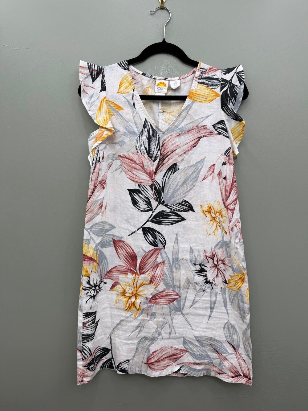 C&C California 100% Linen Floral Shift Dress Flutter Sleeve XS